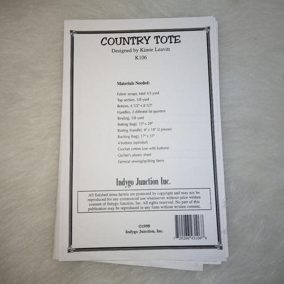 PATTERN #IJK106 Indygo Junction Kimie's Quilts Country Tote, new - Picture 3 of 3